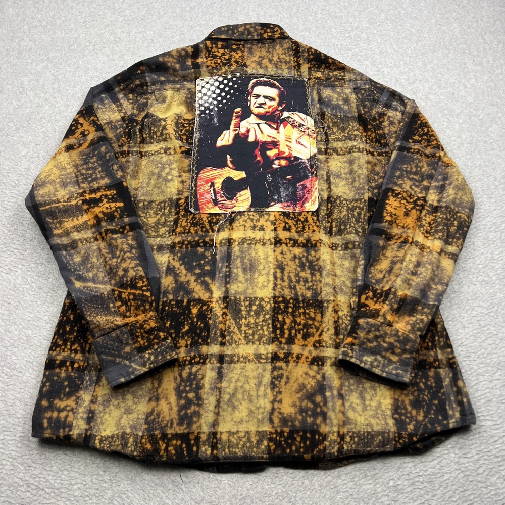 Angry Minnow Flannel Johnny Cash Shirt Mens XL Plaid Patch Acid Wash Button Up